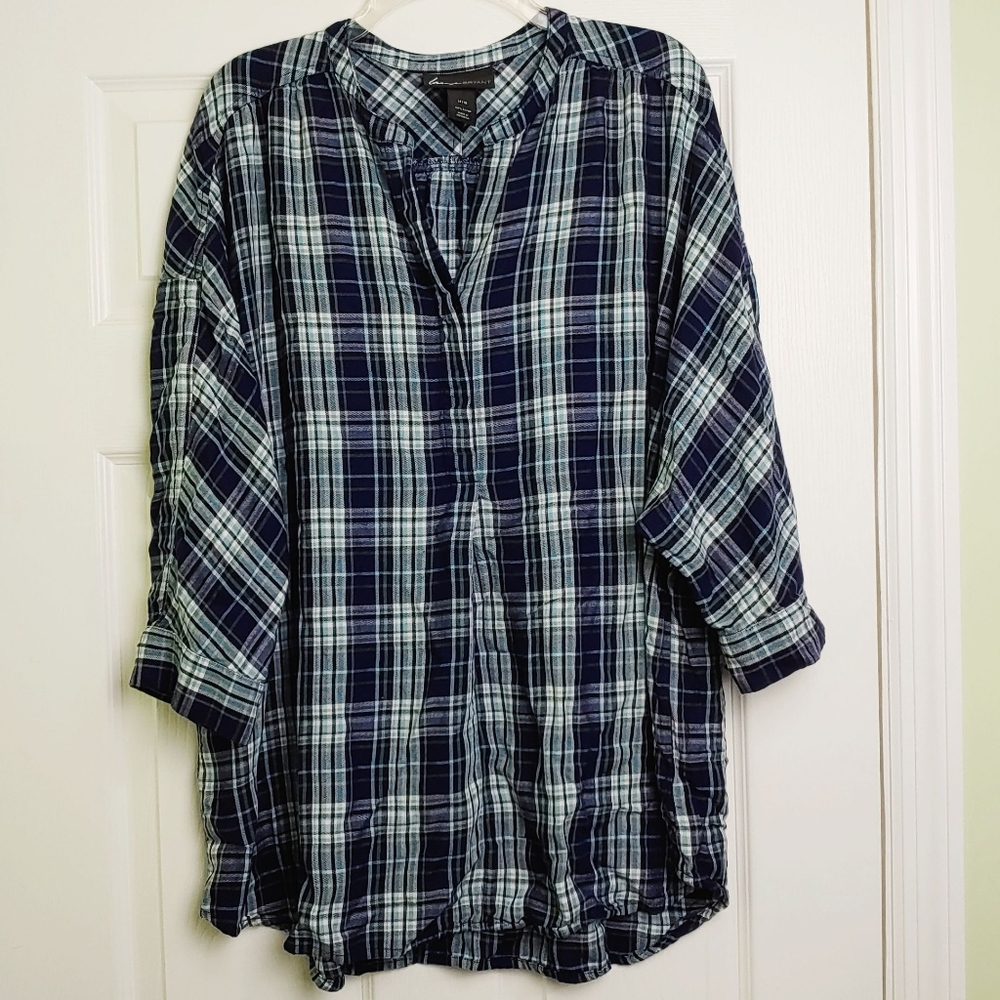 Lane Bryant plaid Henley three quarter sleeve top